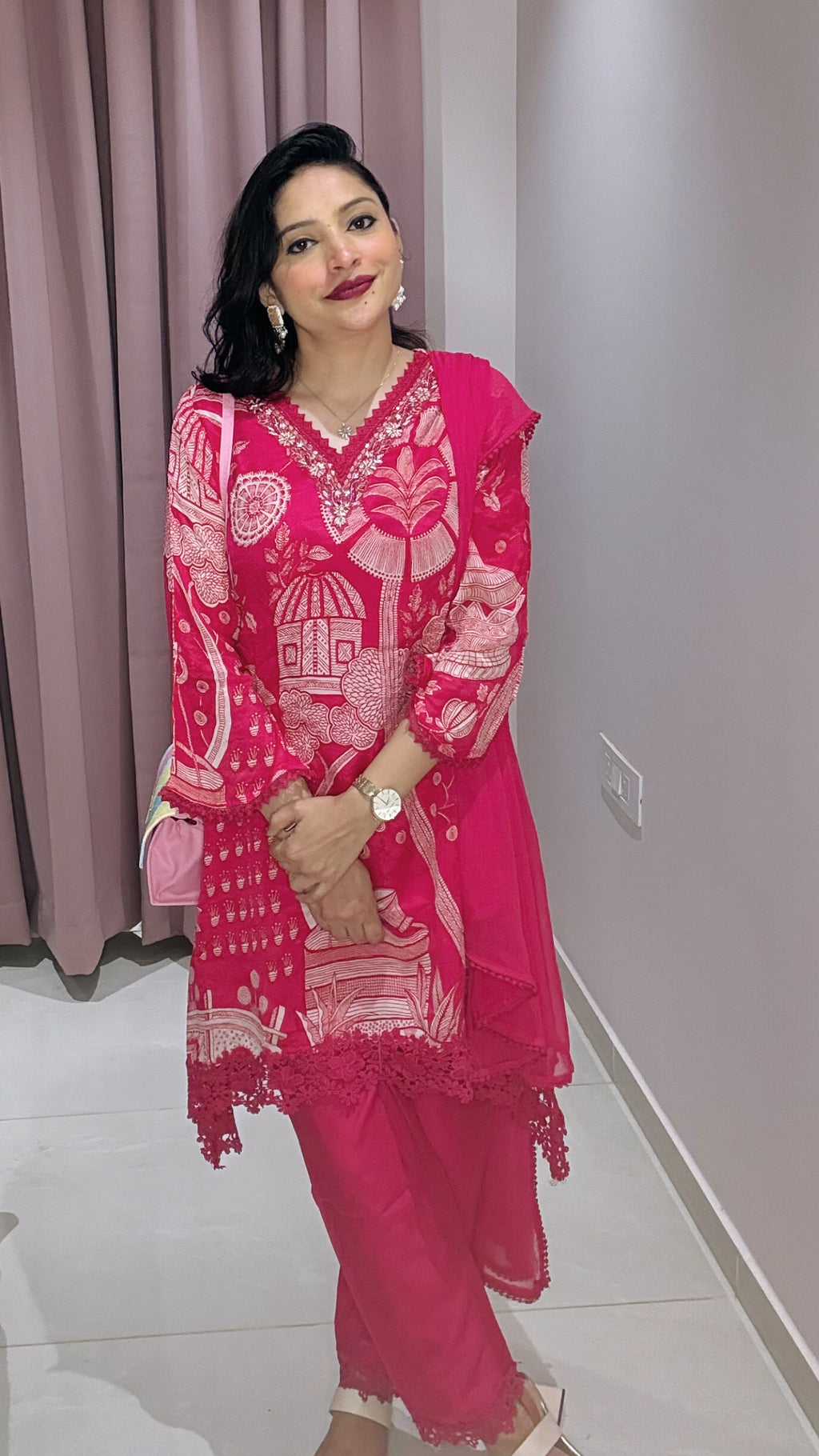 Hot Pink Silk Georgette 3-Piece Suit with Hand Embroidery & Lace Detailing