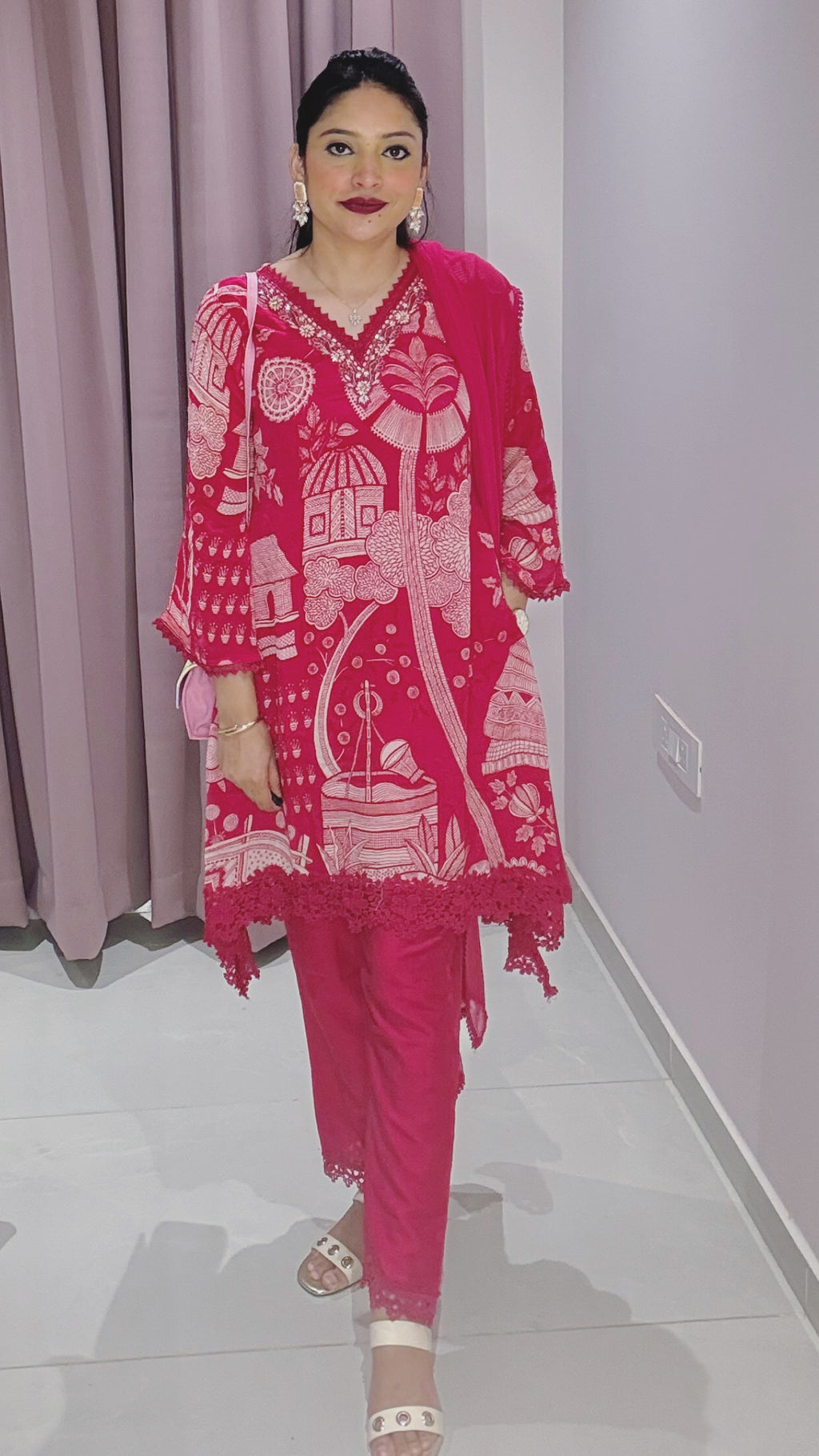 Hot Pink Silk Georgette 3-Piece Suit with Hand Embroidery & Lace Detailing