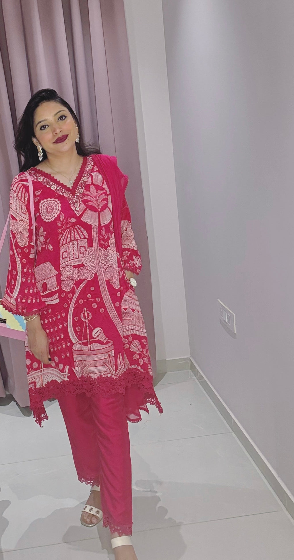 Hot Pink Silk Georgette 3-Piece Suit with Hand Embroidery & Lace Detailing