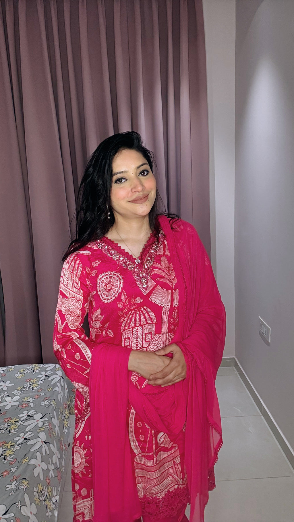 Hot Pink Silk Georgette 3-Piece Suit with Hand Embroidery & Lace Detailing