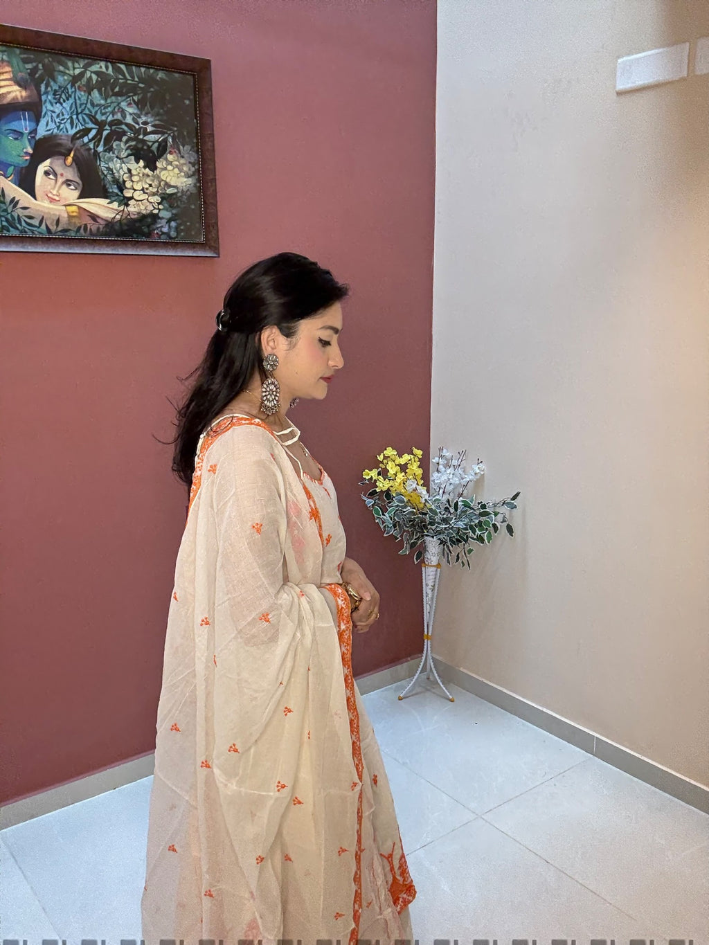 Cream & Rust Hand Embroidered Suit Set in Soft Handloom with Lining
