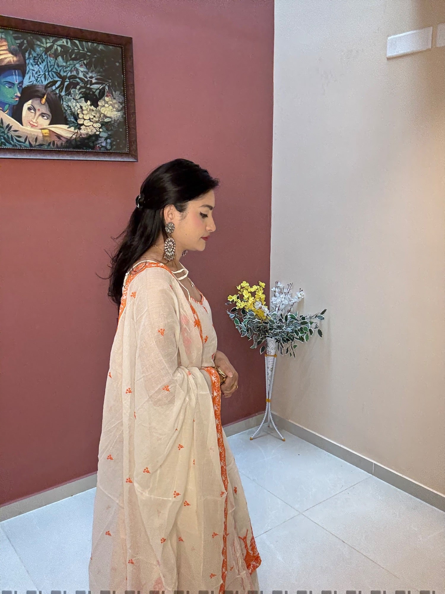 Cream & Rust Hand Embroidered Suit Set in Soft Handloom with Lining