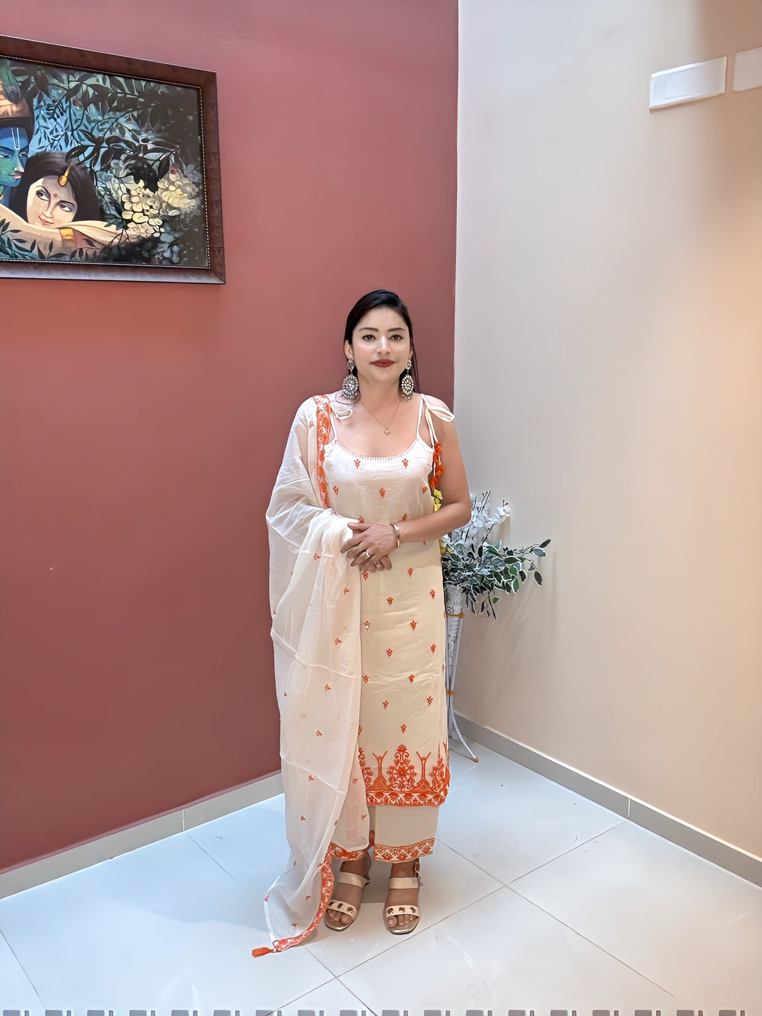 Cream & Rust Hand Embroidered Suit Set in Soft Handloom with Lining