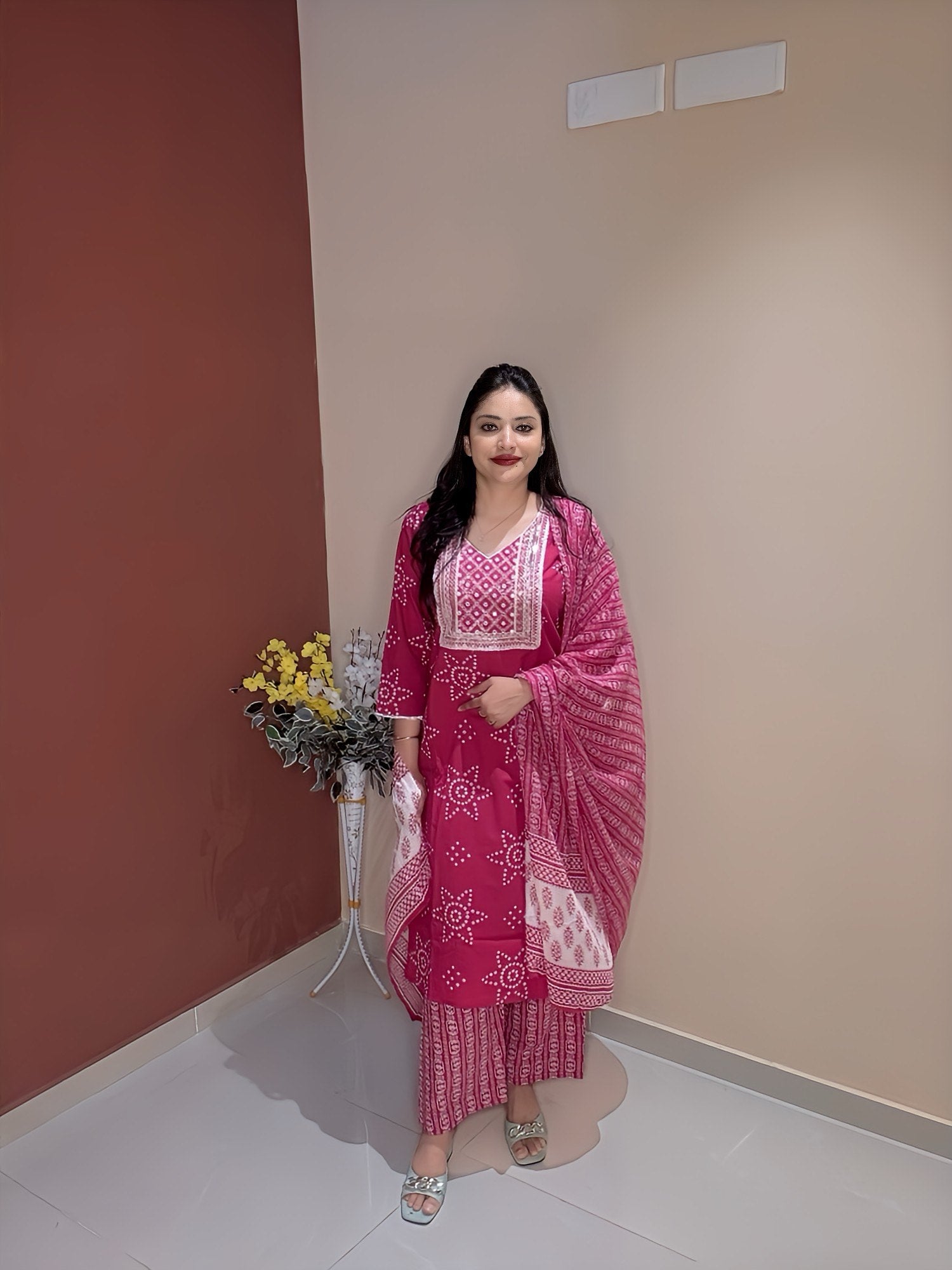 Rani Pink Bandhani-Style 3-Piece Suit Set with Embroidered Yoke & Mul Cotton Dupatta