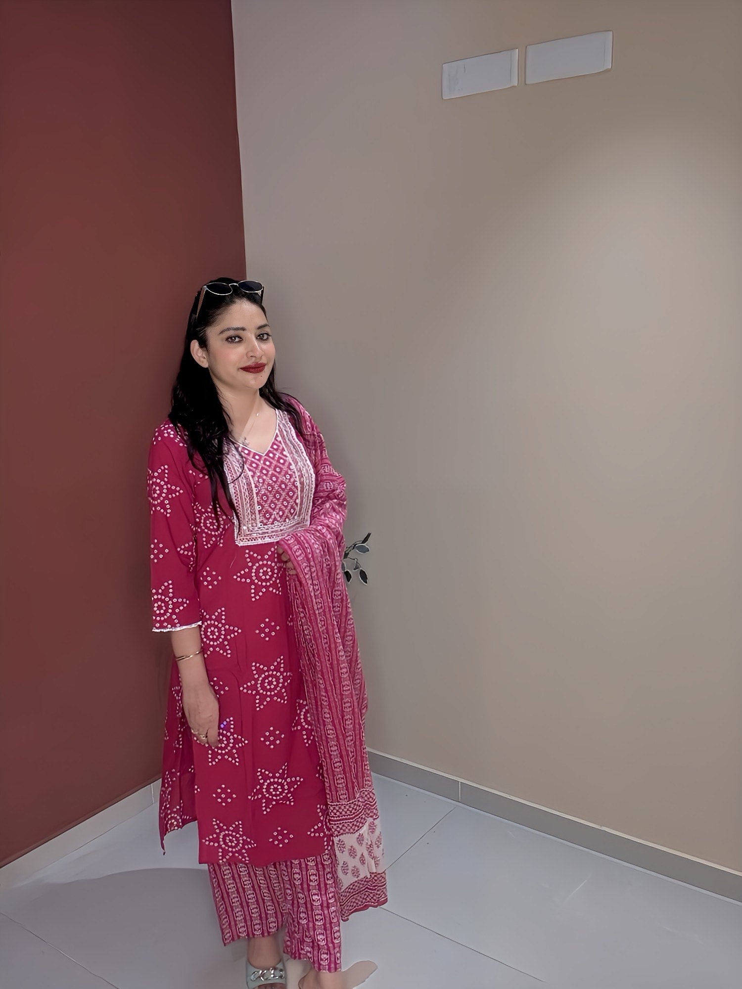 Rani Pink Bandhani-Style 3-Piece Suit Set with Embroidered Yoke & Mul Cotton Dupatta