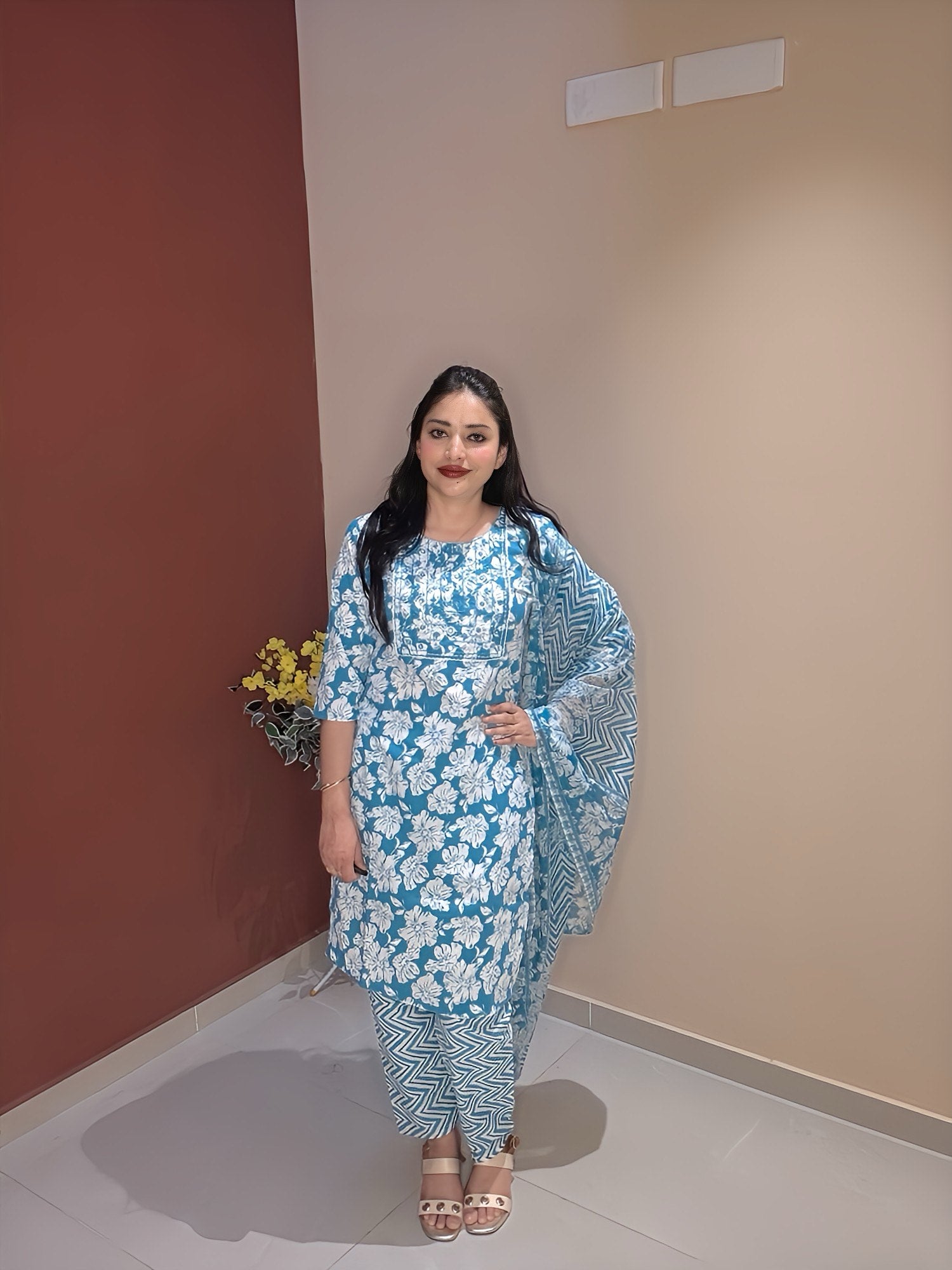 Blue Floral 3-Piece Suit Set with Embroidered Yoke Detailing