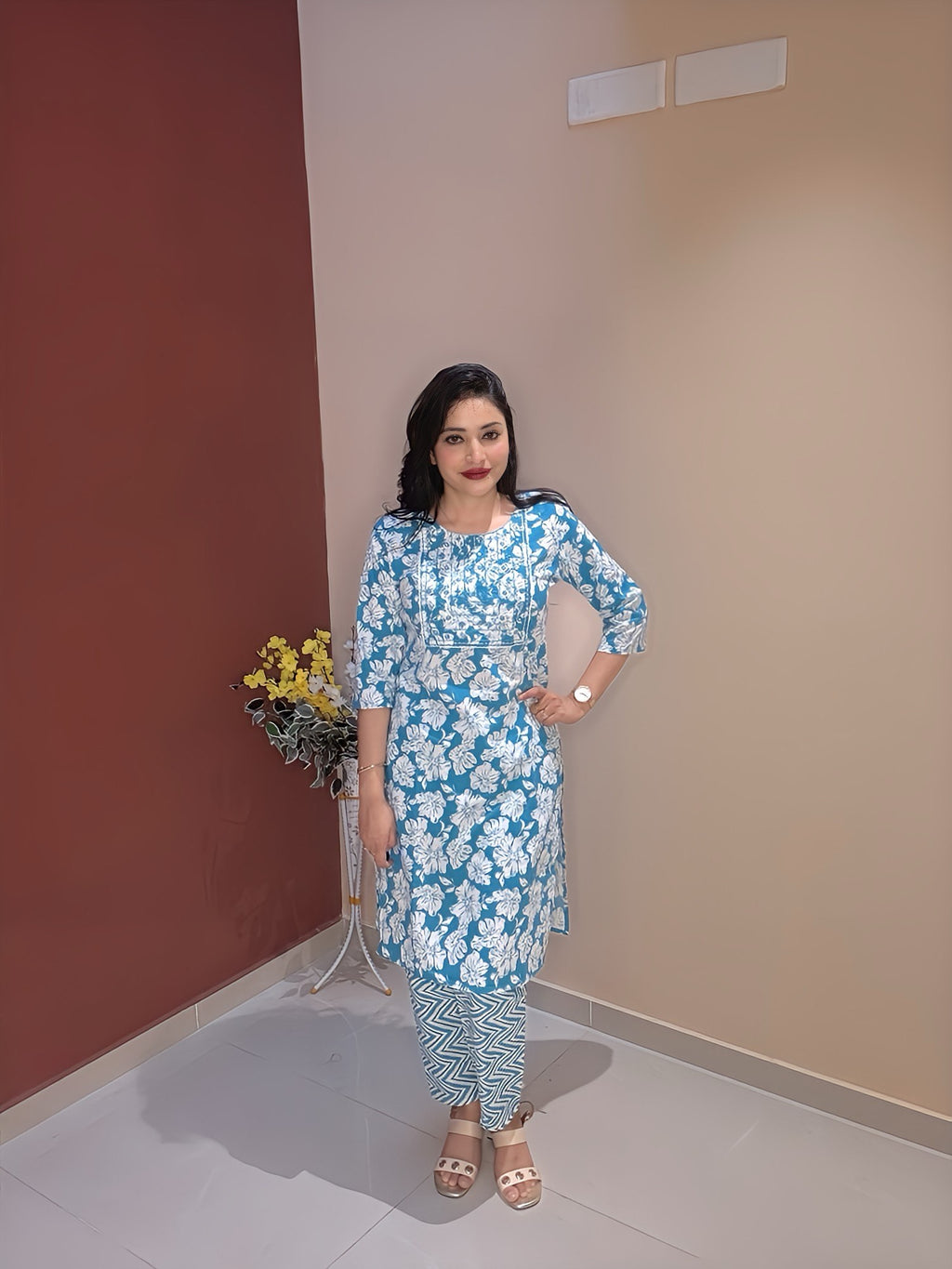Blue Floral 3-Piece Suit Set with Embroidered Yoke Detailing