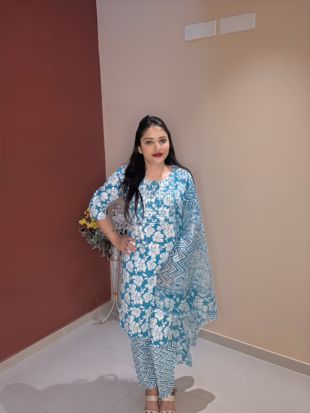 Blue Floral 3-Piece Suit Set with Embroidered Yoke Detailing