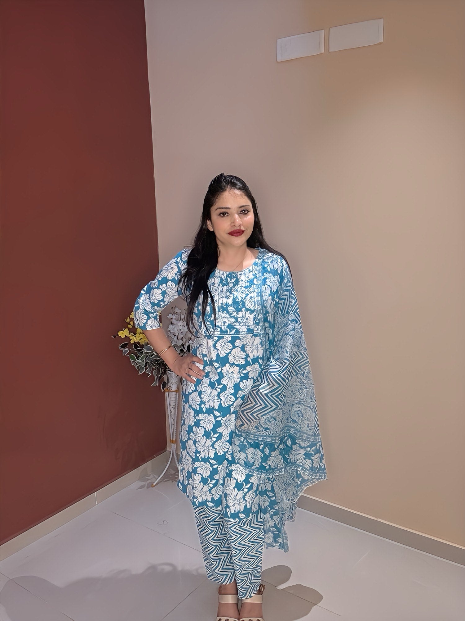 Blue Floral 3-Piece Suit Set with Embroidered Yoke Detailing