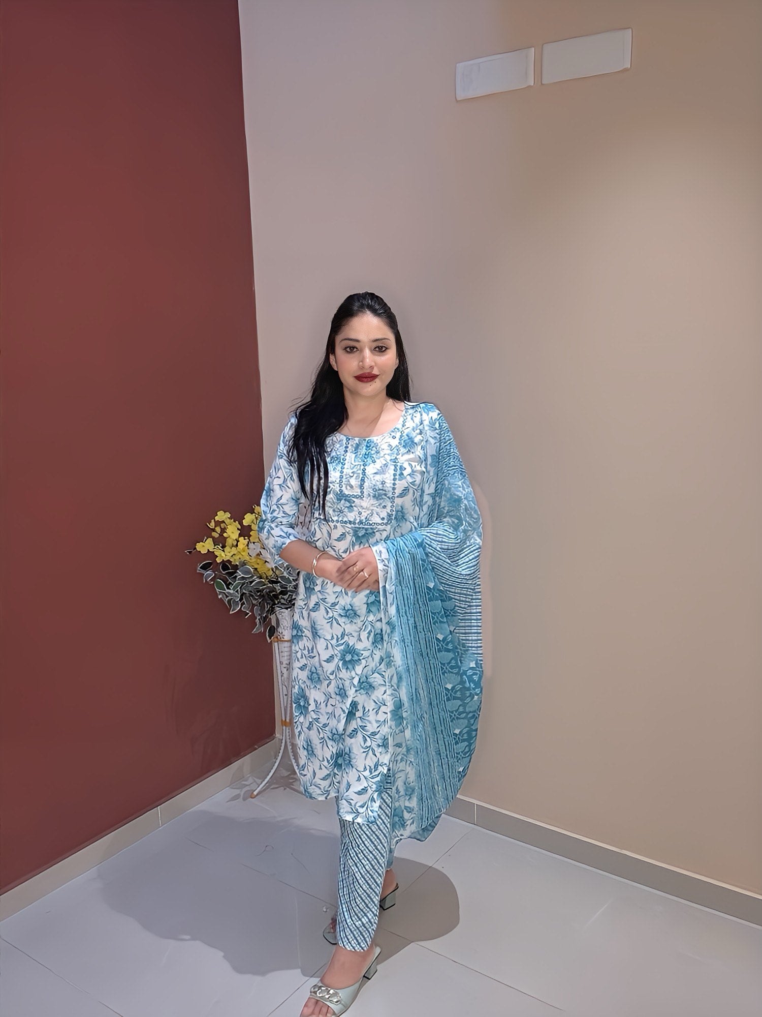 Blue Floral Cotton Suit Set | Hand-Embellished Yoke | 3-Piece Set