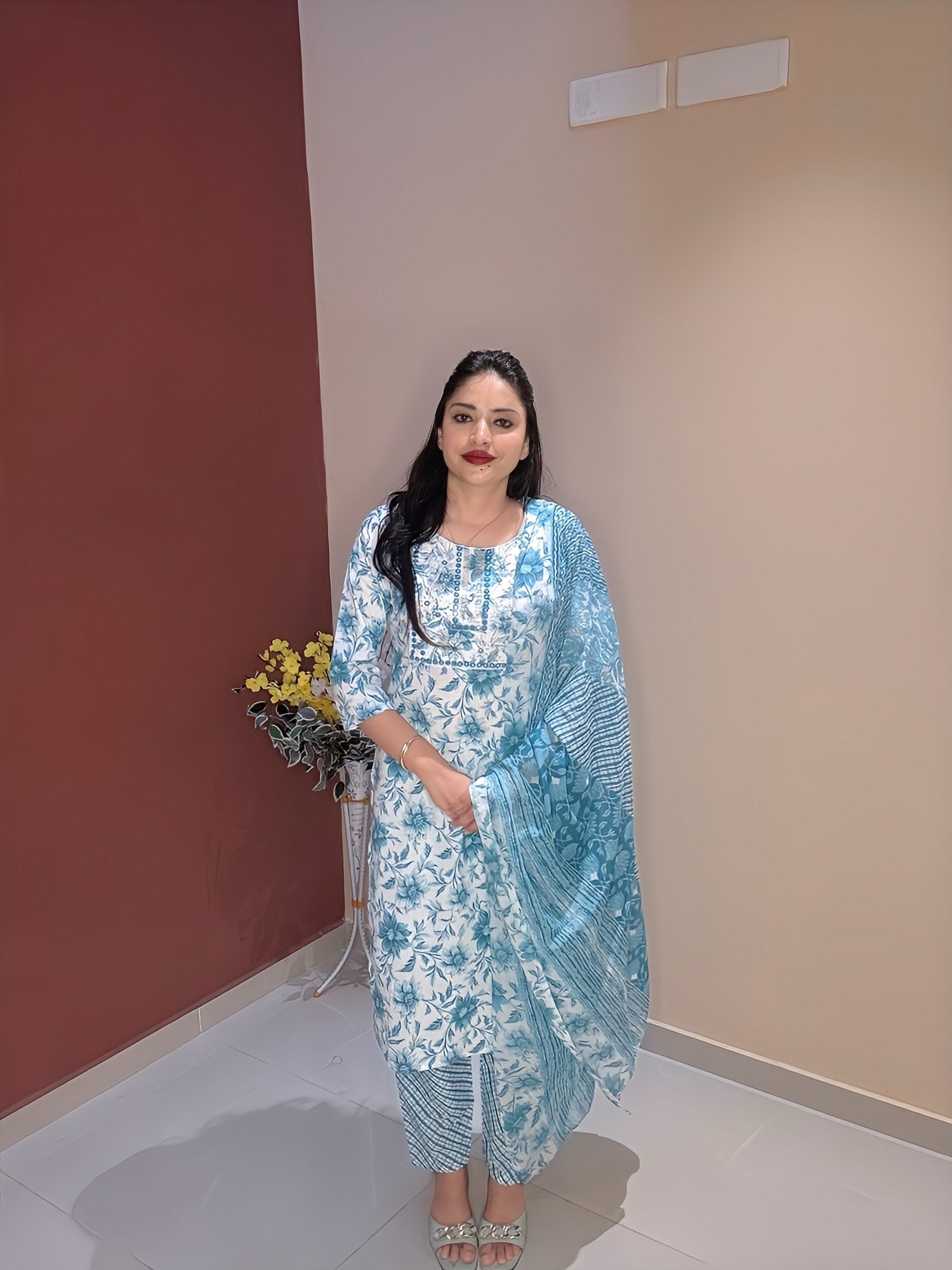 Blue Floral Cotton Suit Set | Hand-Embellished Yoke | 3-Piece Set