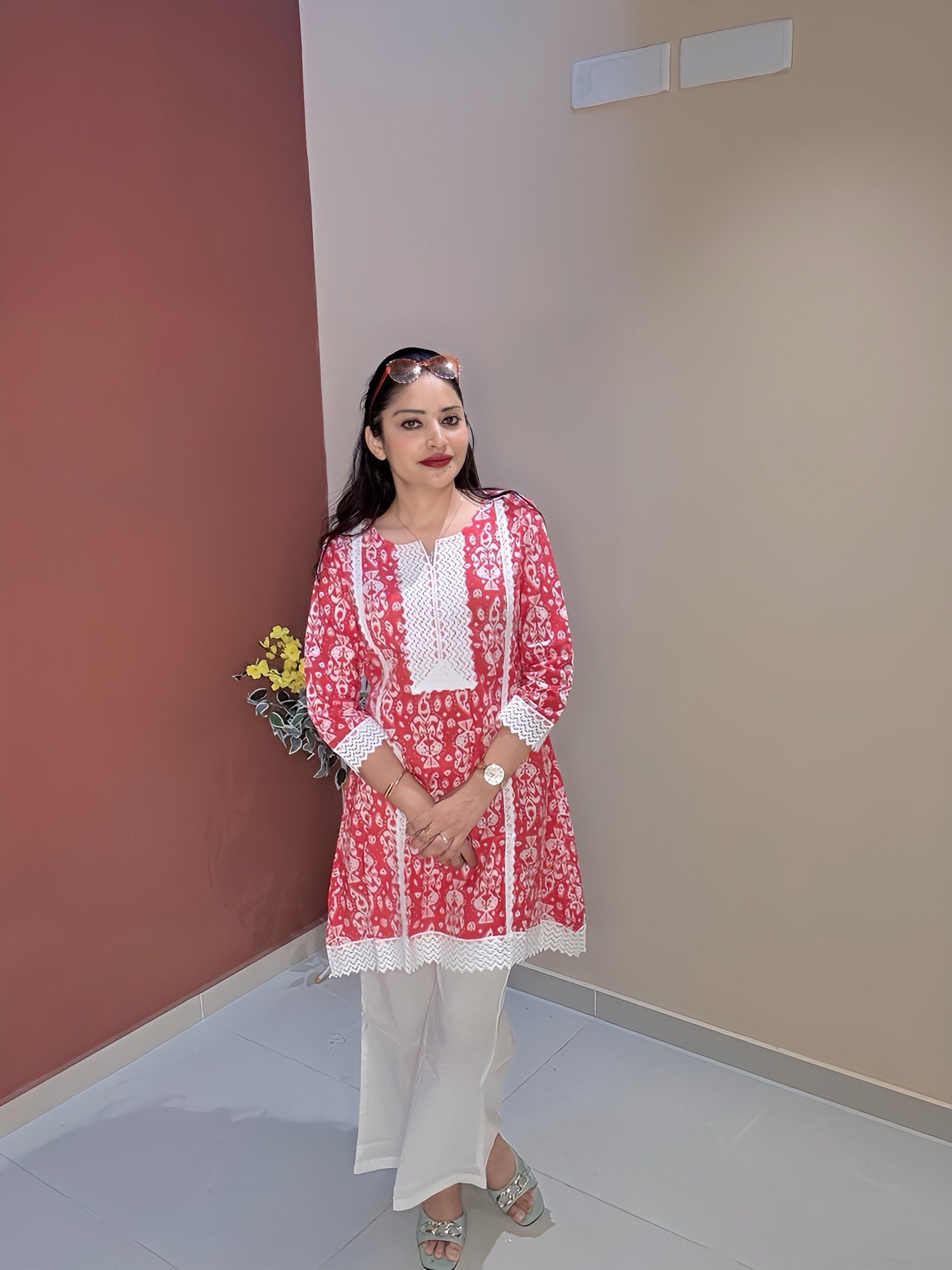 Red Printed 2-Piece Coord Set with Lace-Embroidered Yoke & Cotton Bell-Bottom Pants