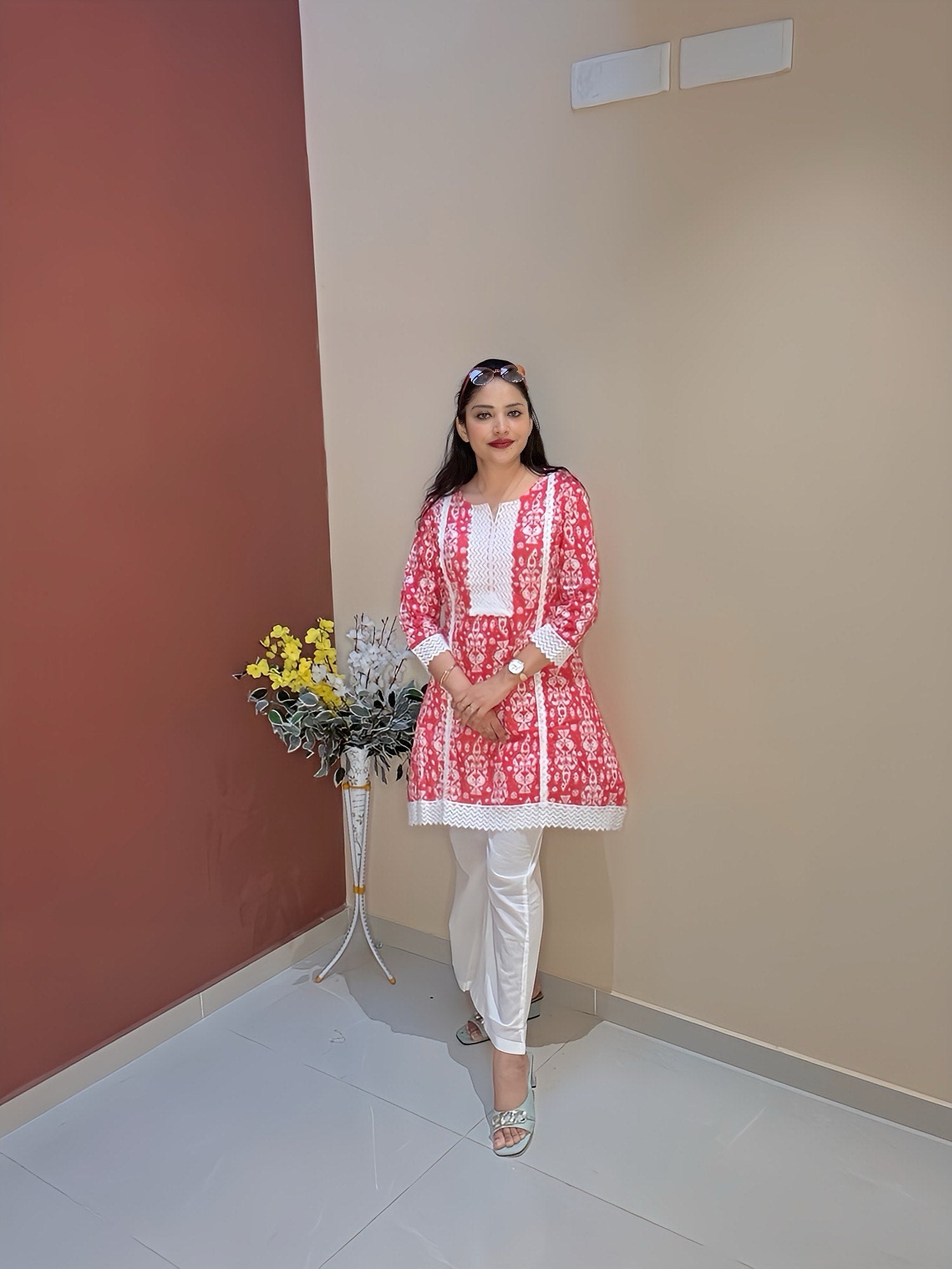 Red Printed 2-Piece Coord Set with Lace-Embroidered Yoke & Cotton Bell-Bottom Pants