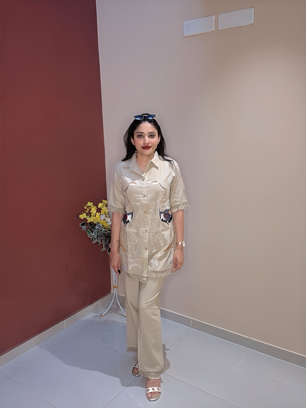 Beige Hand-Embroidered Swan Co-ord Set with Tassel Detailing