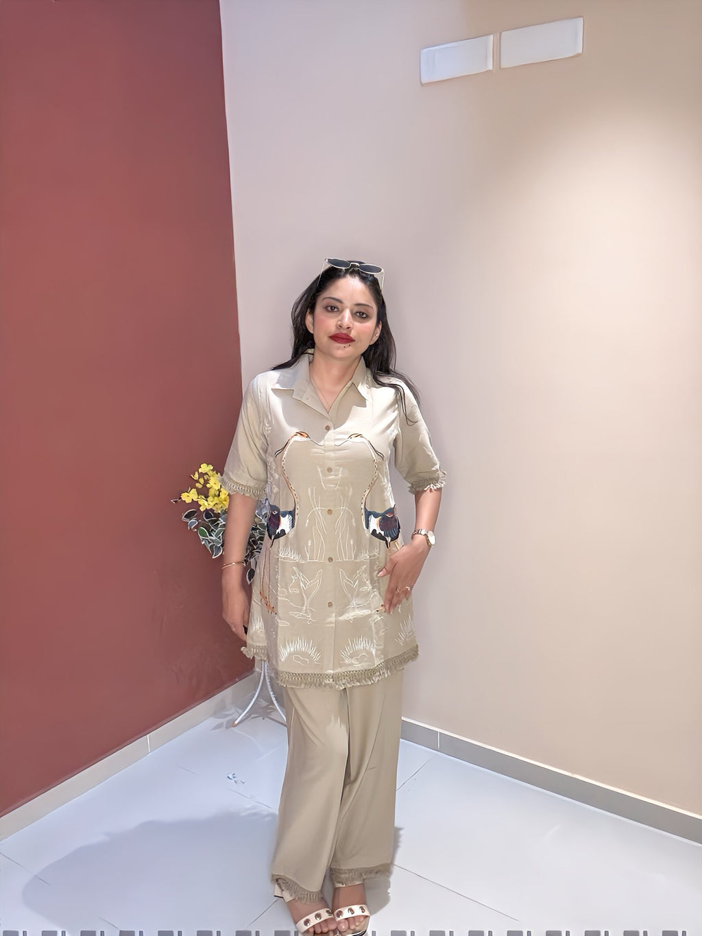 Beige Hand-Embroidered Swan Co-ord Set with Tassel Detailing