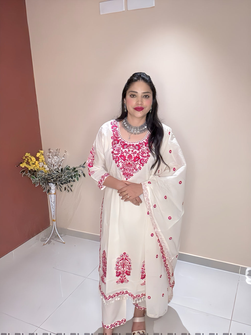 Ivory & Magenta Hand-Embroidered 3-Piece Suit Set | Pure Handloom Cotton with Tassel Details