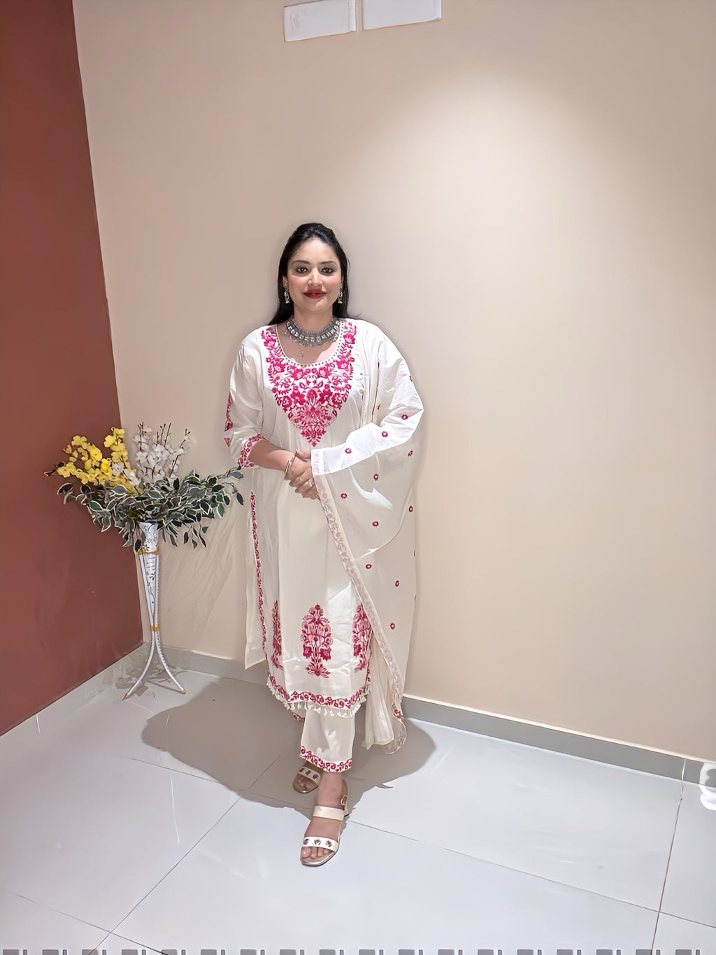 Ivory & Magenta Hand-Embroidered 3-Piece Suit Set | Pure Handloom Cotton with Tassel Details