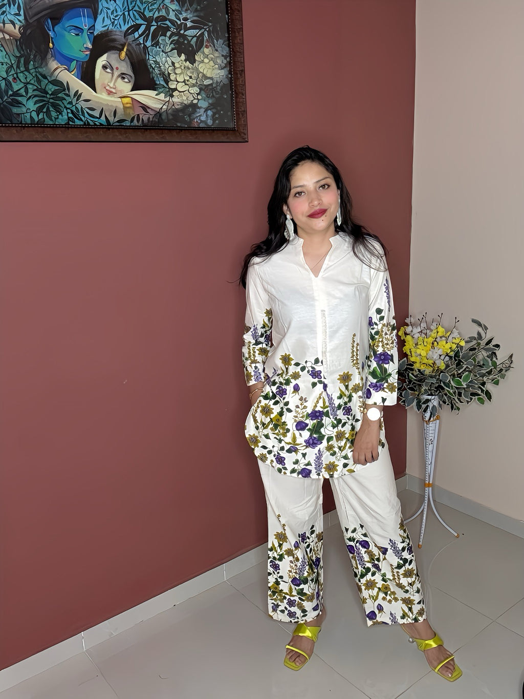 Purple Floral Digital Print Coord Set | Flex Cotton 2-Piece with Side Pocket