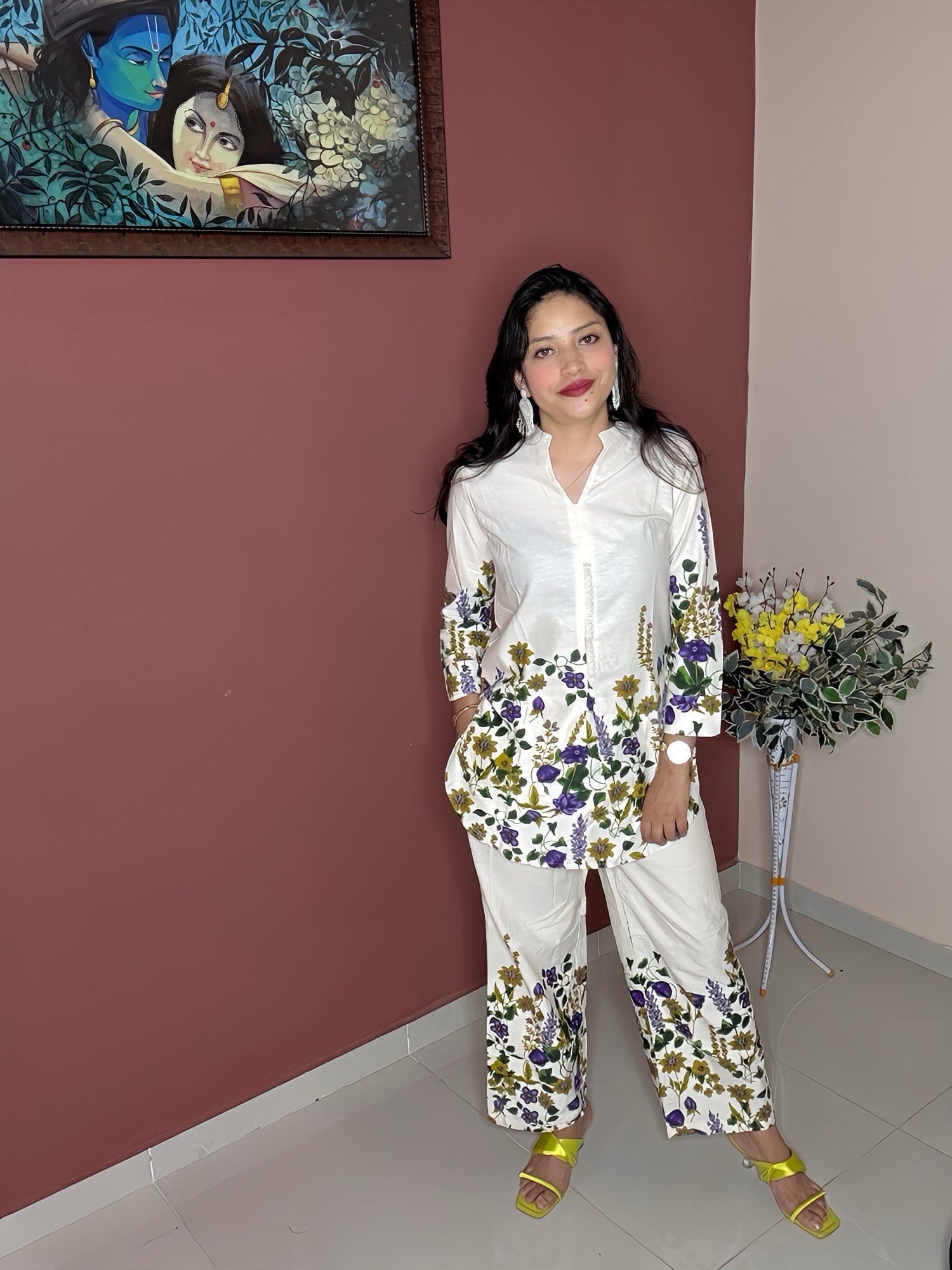 Purple Floral Digital Print Coord Set | Flex Cotton 2-Piece with Side Pocket