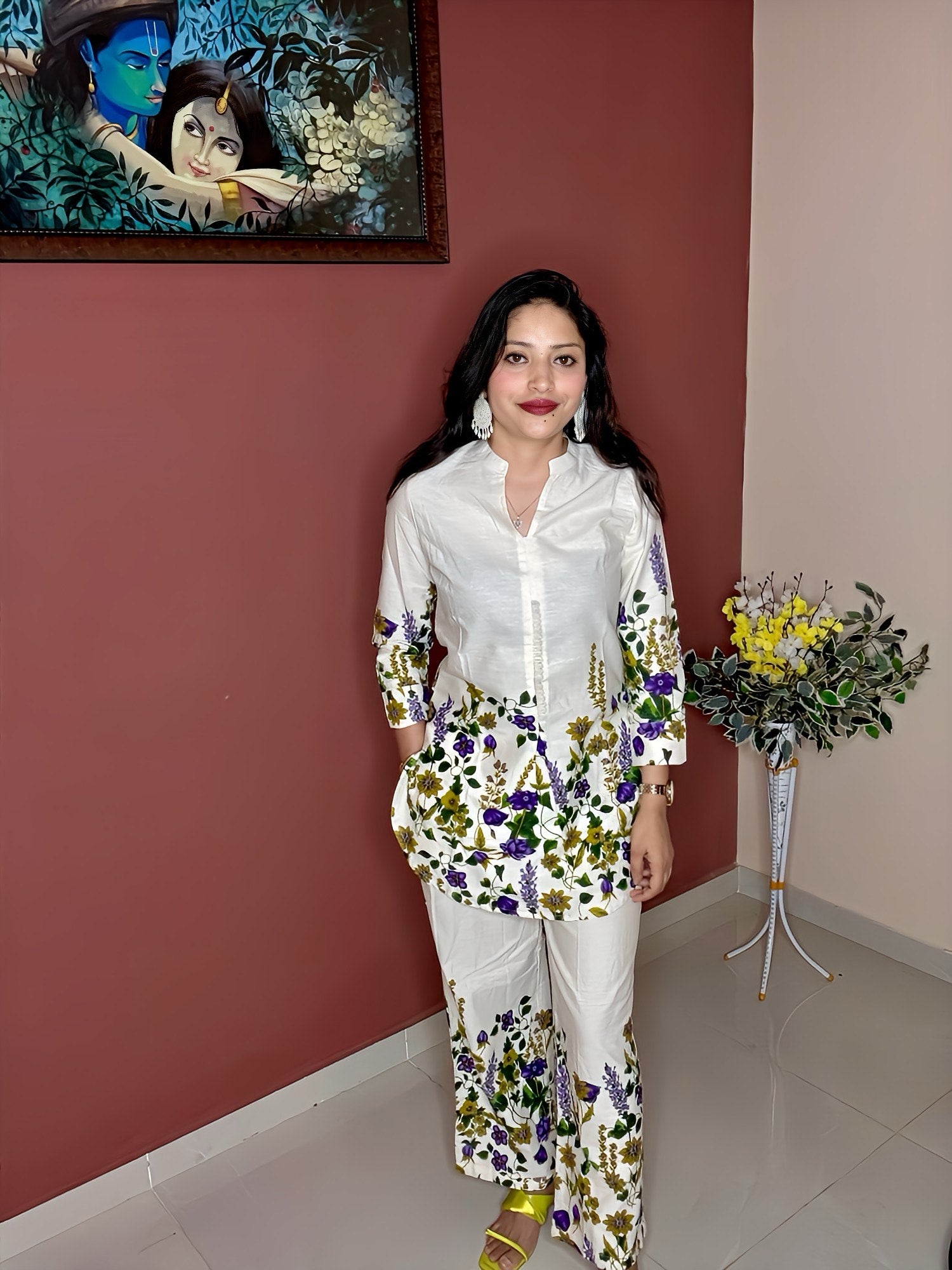 Purple Floral Digital Print Coord Set | Flex Cotton 2-Piece with Side Pocket