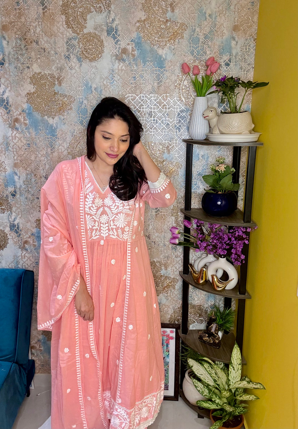 Peach Pure Mul Cotton Suit Set with Hand Embroidery & Tassel Detailing