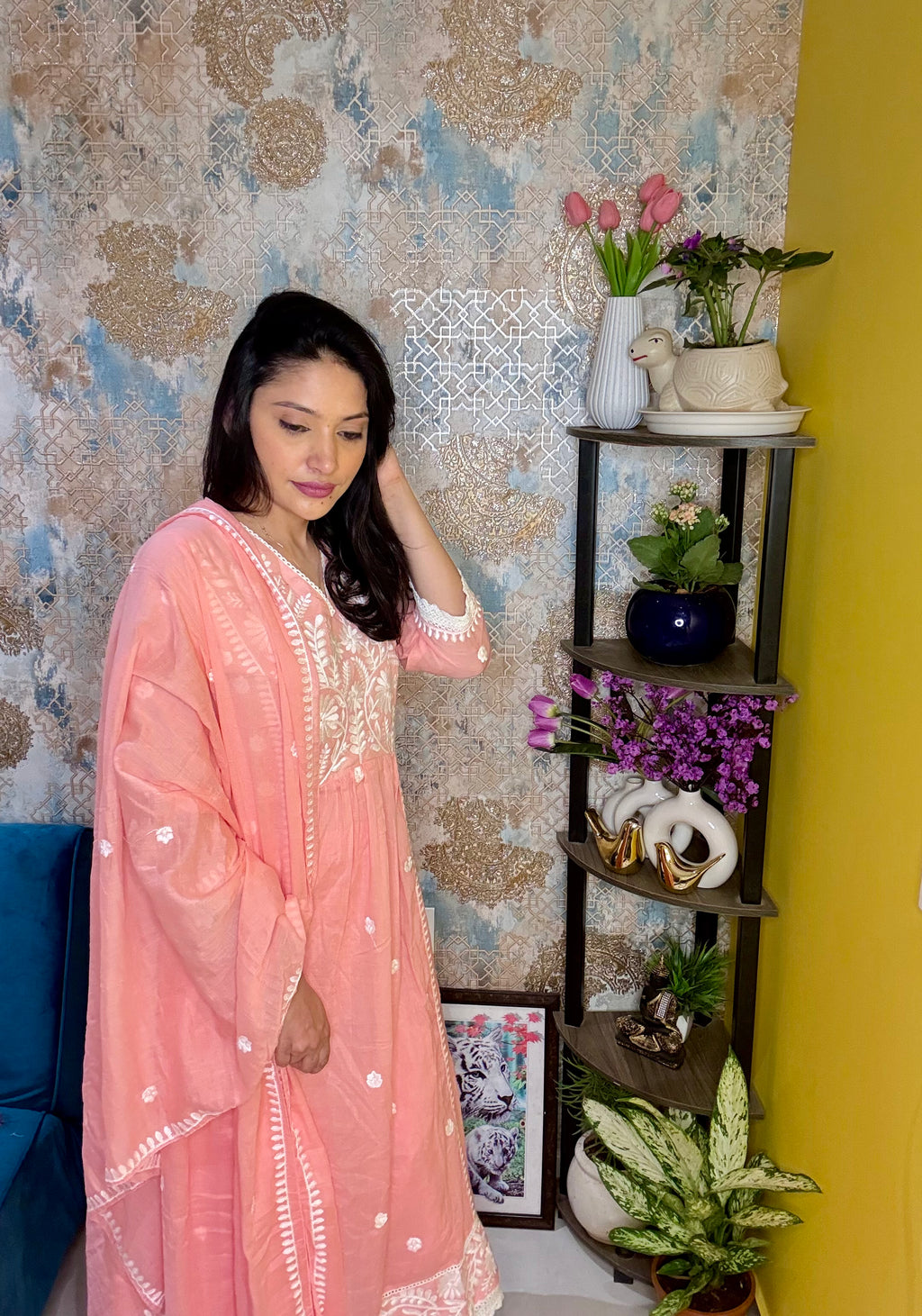 Peach Pure Mul Cotton Suit Set with Hand Embroidery & Tassel Detailing