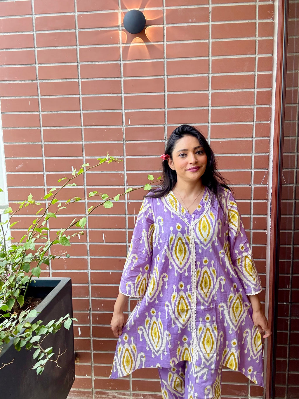 Lavender & Yellow Cotton Co-ord Set with Fish-Cut Top and Pocket Pajama