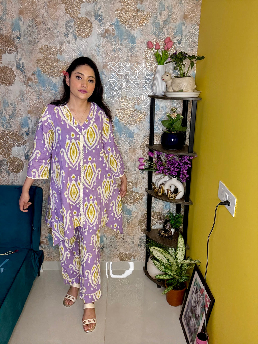 Lavender & Yellow Cotton Co-ord Set with Fish-Cut Top and Pocket Pajama