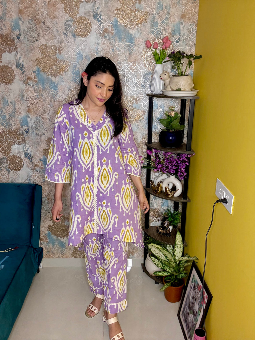 Lavender & Yellow Cotton Co-ord Set with Fish-Cut Top and Pocket Pajama