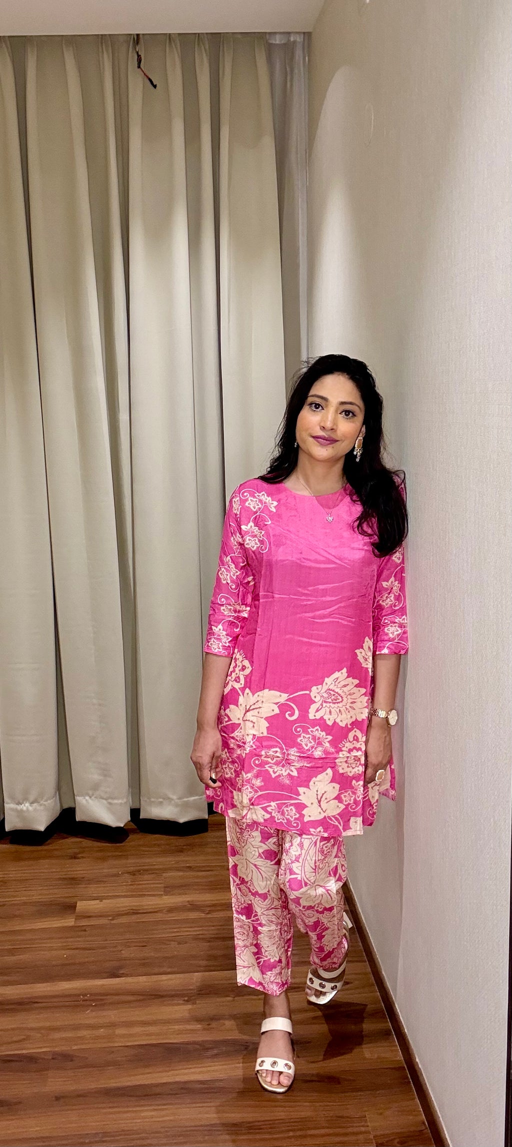 Magenta Pure Muslin Co-ord Set with Floral Block Style Print