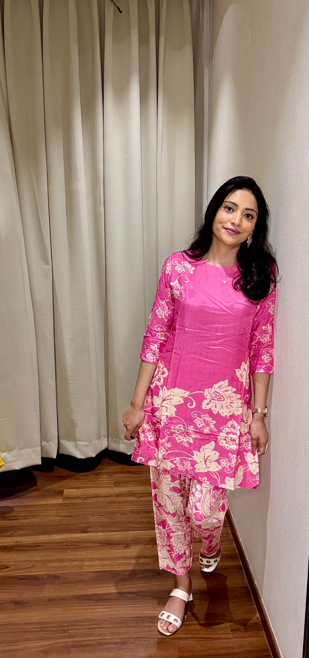 Magenta Pure Muslin Co-ord Set with Floral Block Style Print