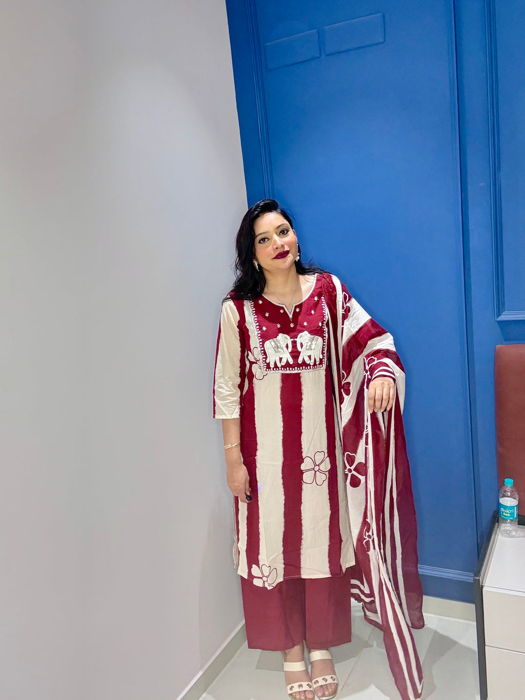 Maroon & Cream Hand-Embroidered Elephant Cotton Suit Set