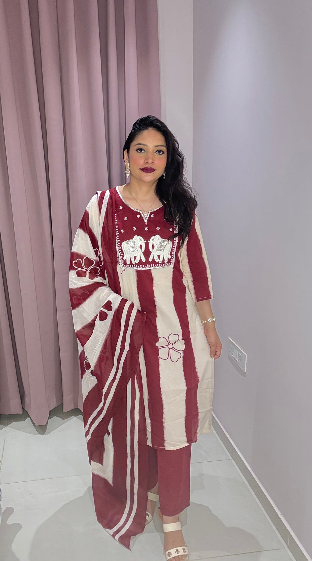 Maroon & Cream Hand-Embroidered Elephant Cotton Suit Set