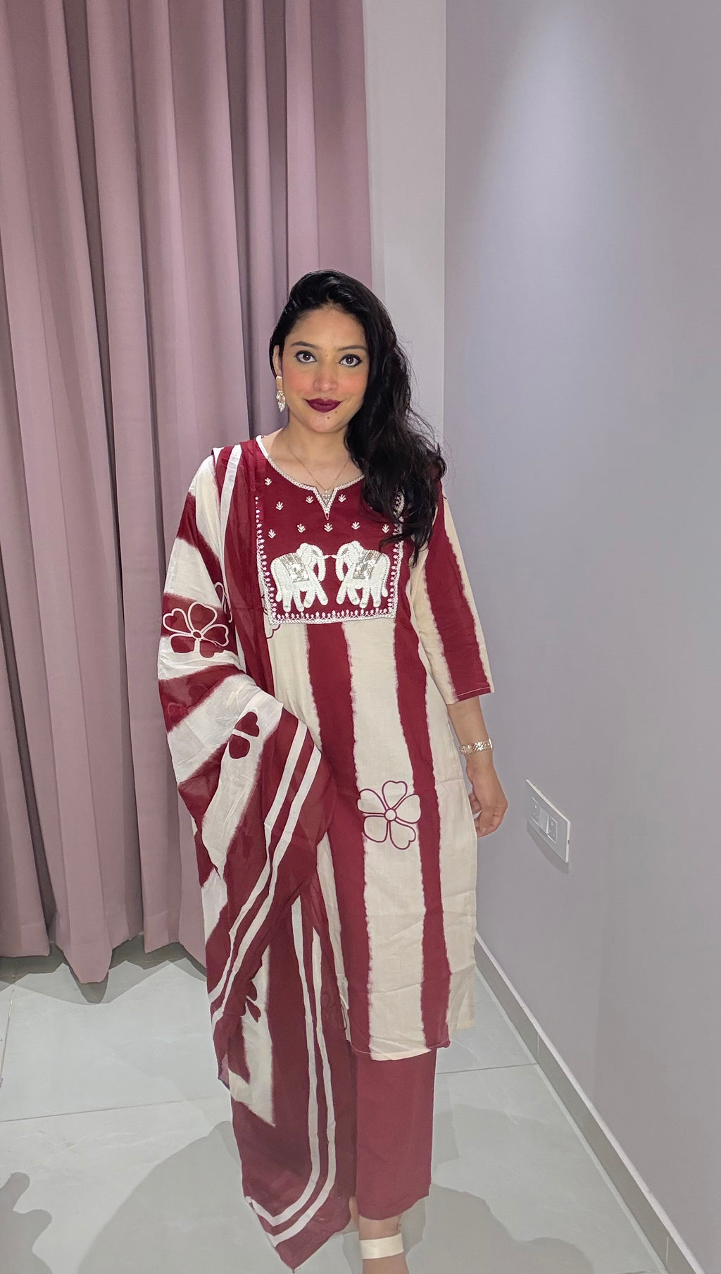 Maroon & Cream Hand-Embroidered Elephant Cotton Suit Set