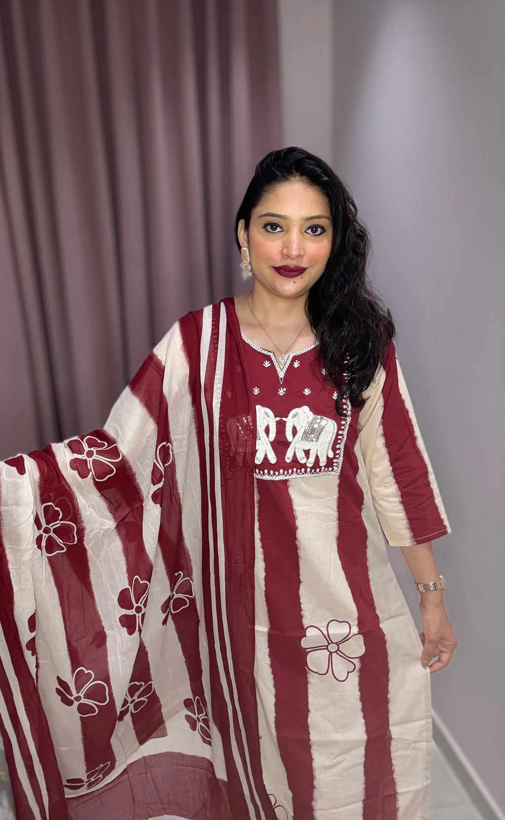 Maroon & Cream Hand-Embroidered Elephant Cotton Suit Set