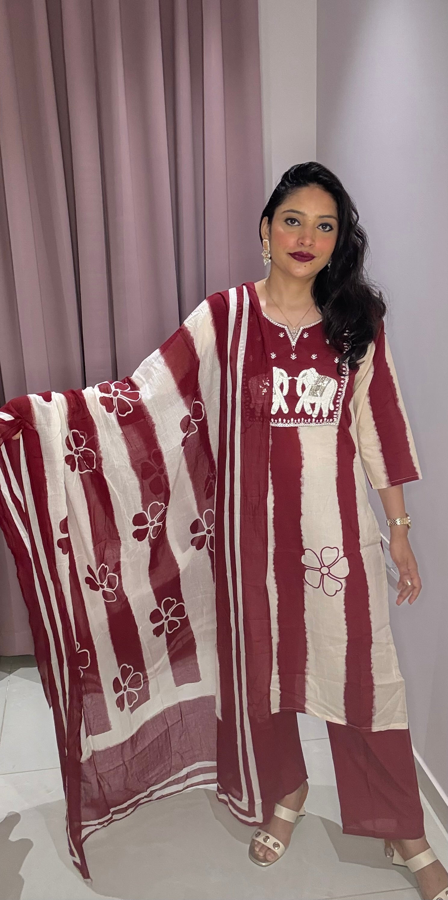 Maroon & Cream Hand-Embroidered Elephant Cotton Suit Set
