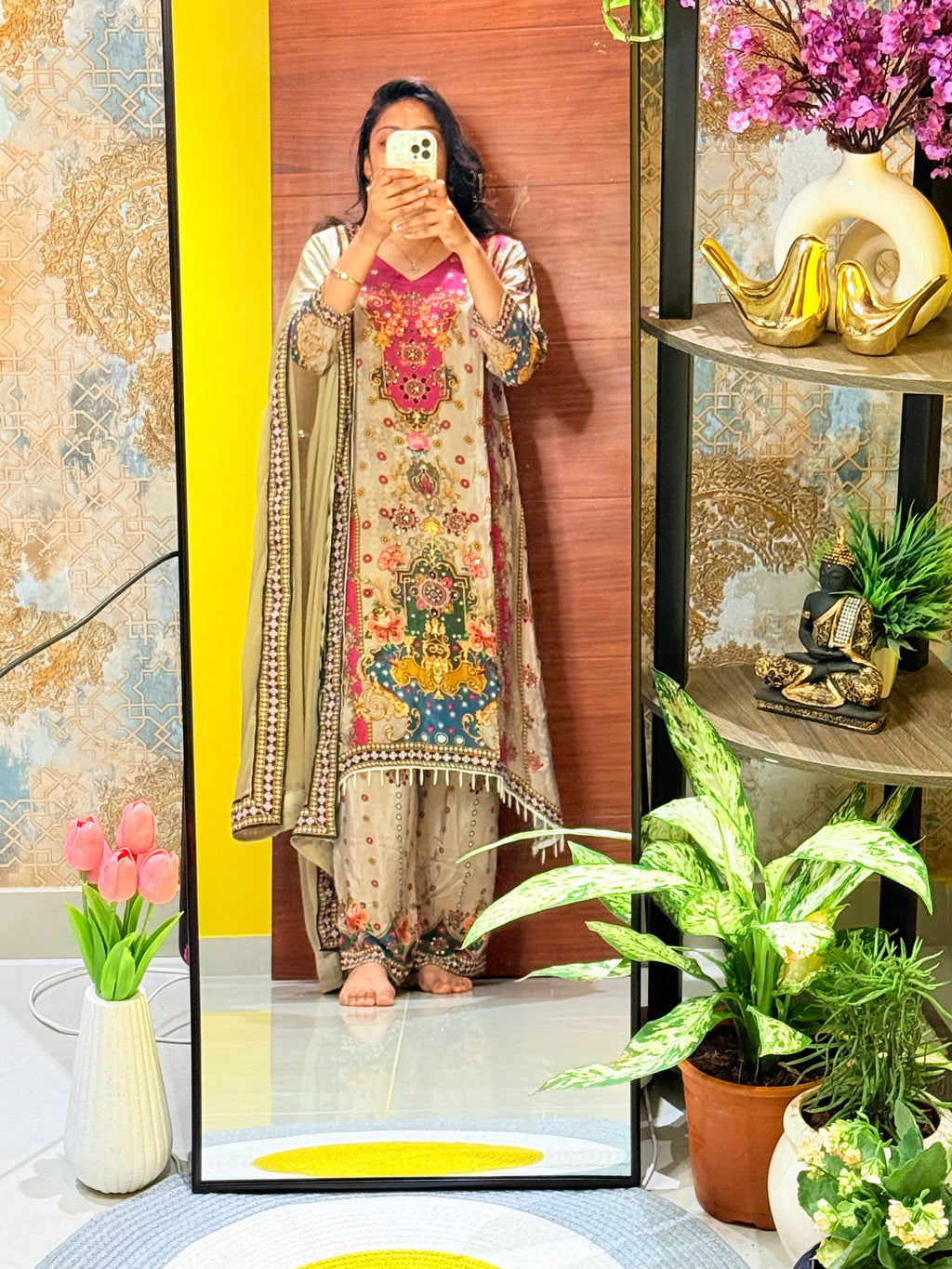 Elegant Pure Crape Sequin Kurta Set with Fishcut Hem & Tassels