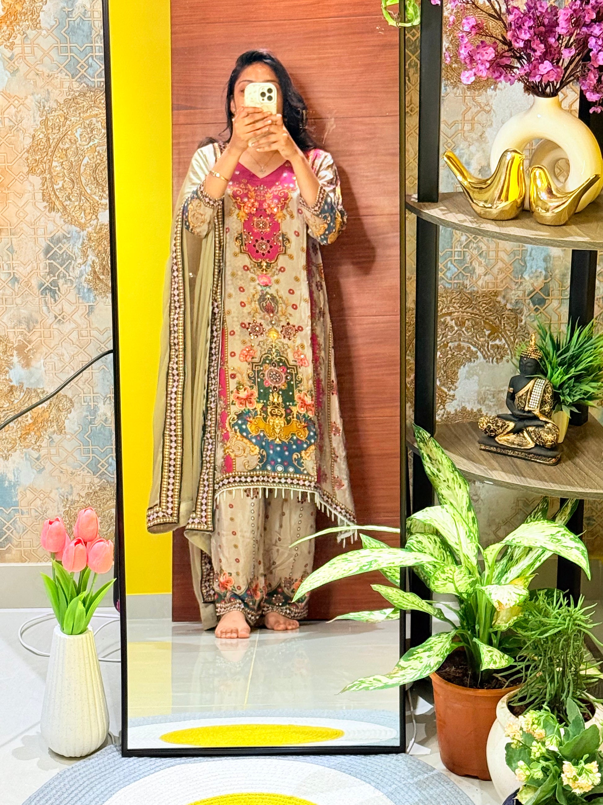 Elegant Pure Crape Sequin Kurta Set with Fishcut Hem & Tassels