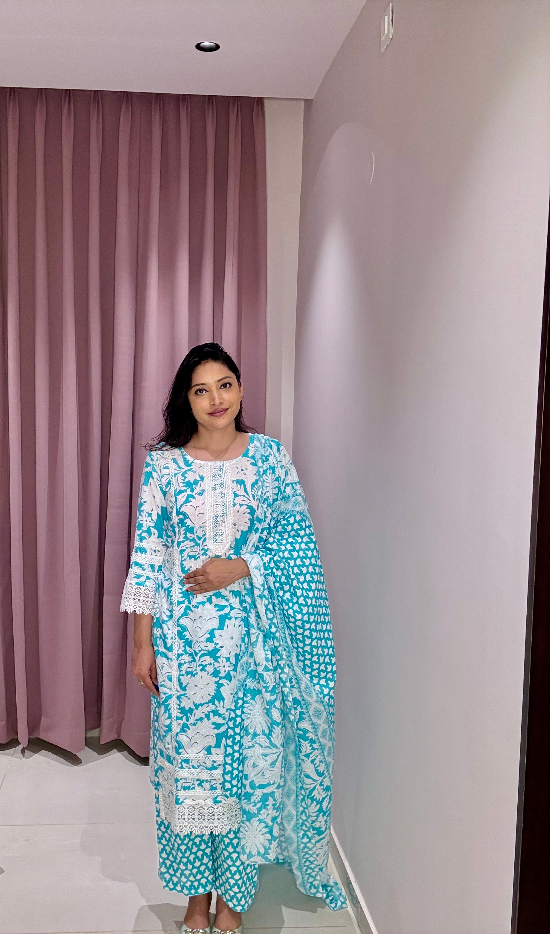 Turquoise Blue 3-Piece Suit Set with Delicate Lace Detailing