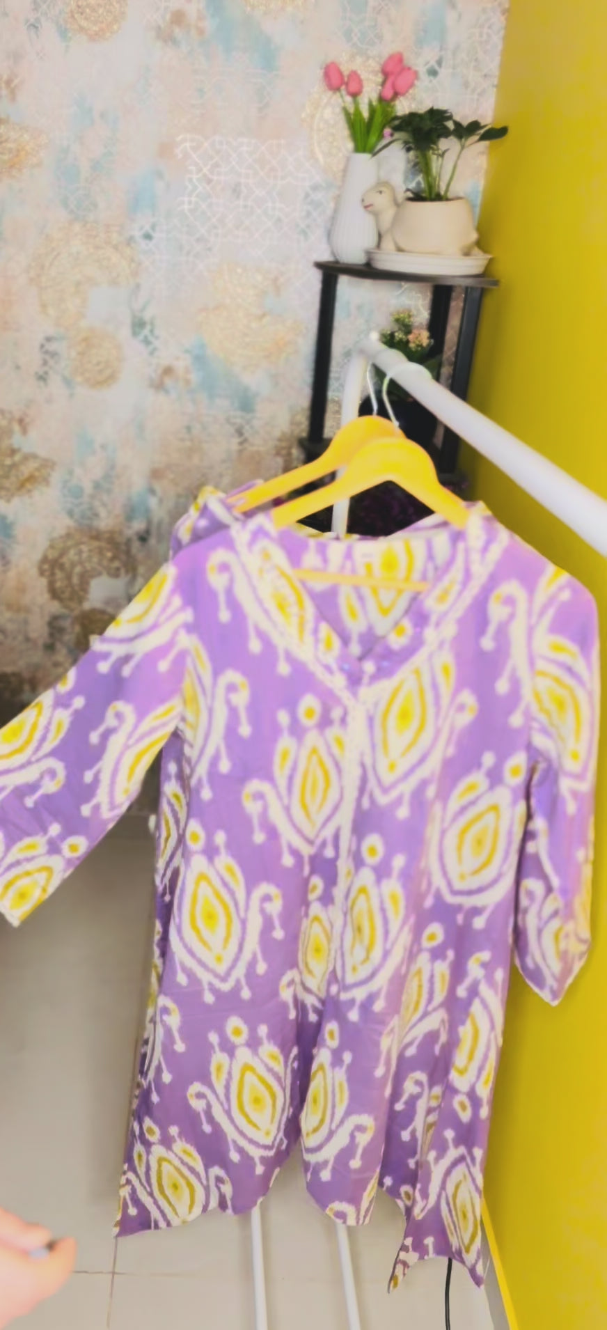 Lavender & Yellow Cotton Co-ord Set with Fish-Cut Top and Pocket Pajama