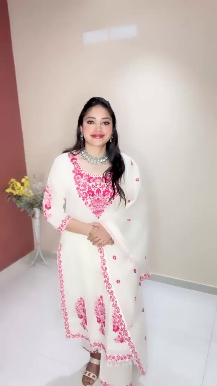 Ivory & Magenta Hand-Embroidered 3-Piece Suit Set | Pure Handloom Cotton with Tassel Details