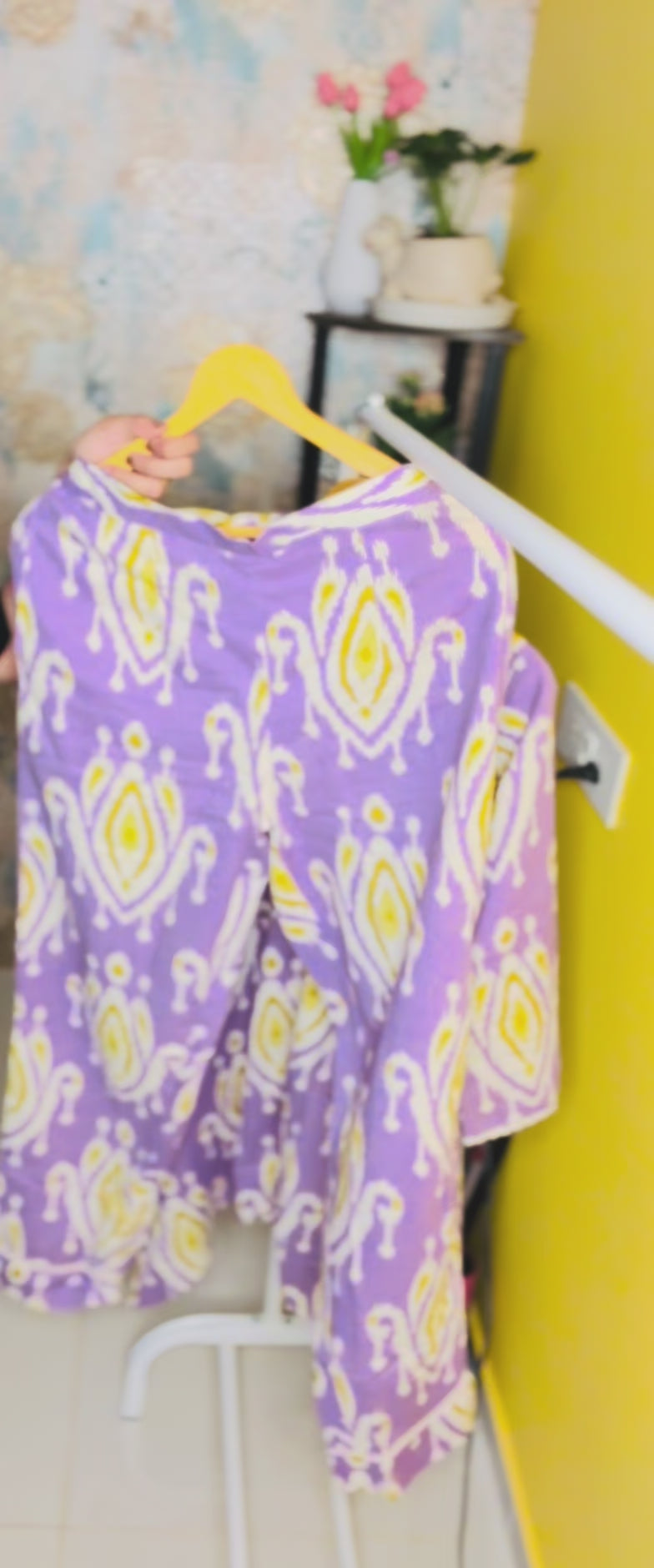 Lavender & Yellow Cotton Co-ord Set with Fish-Cut Top and Pocket Pajama