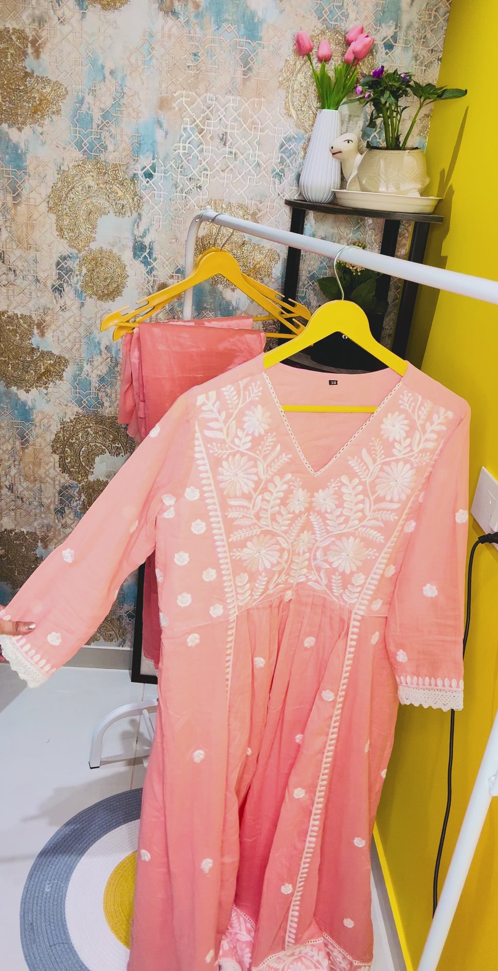 Peach Pure Mul Cotton Suit Set with Hand Embroidery & Tassel Detailing