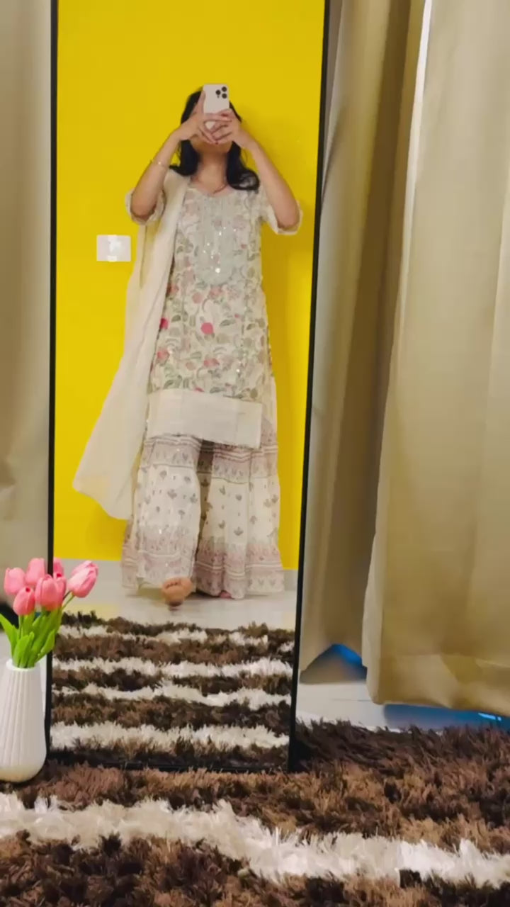 Elegant Chanderi Cotton Sharara Set | Handblock Floral Three-Piece Suit