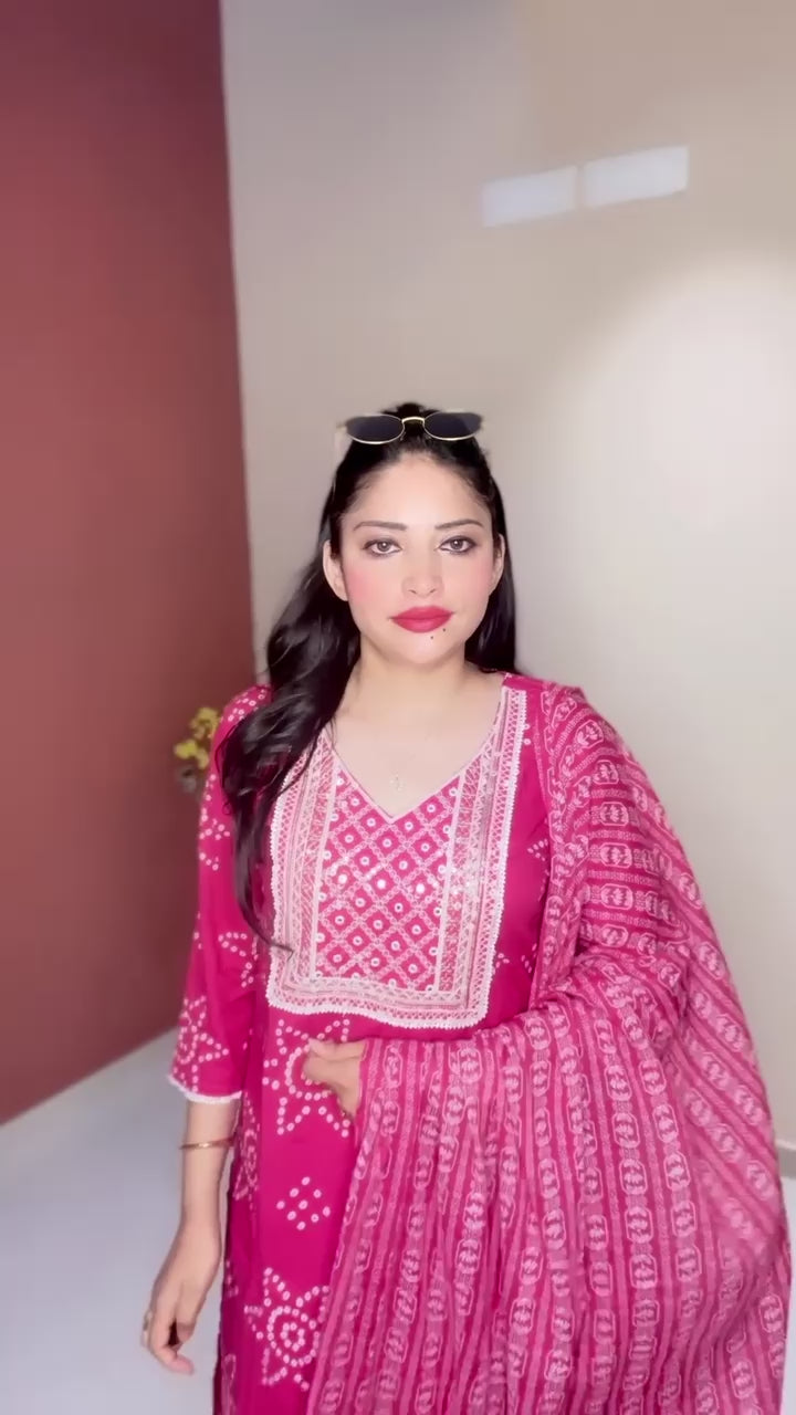 Rani Pink Bandhani-Style 3-Piece Suit Set with Embroidered Yoke & Mul Cotton Dupatta