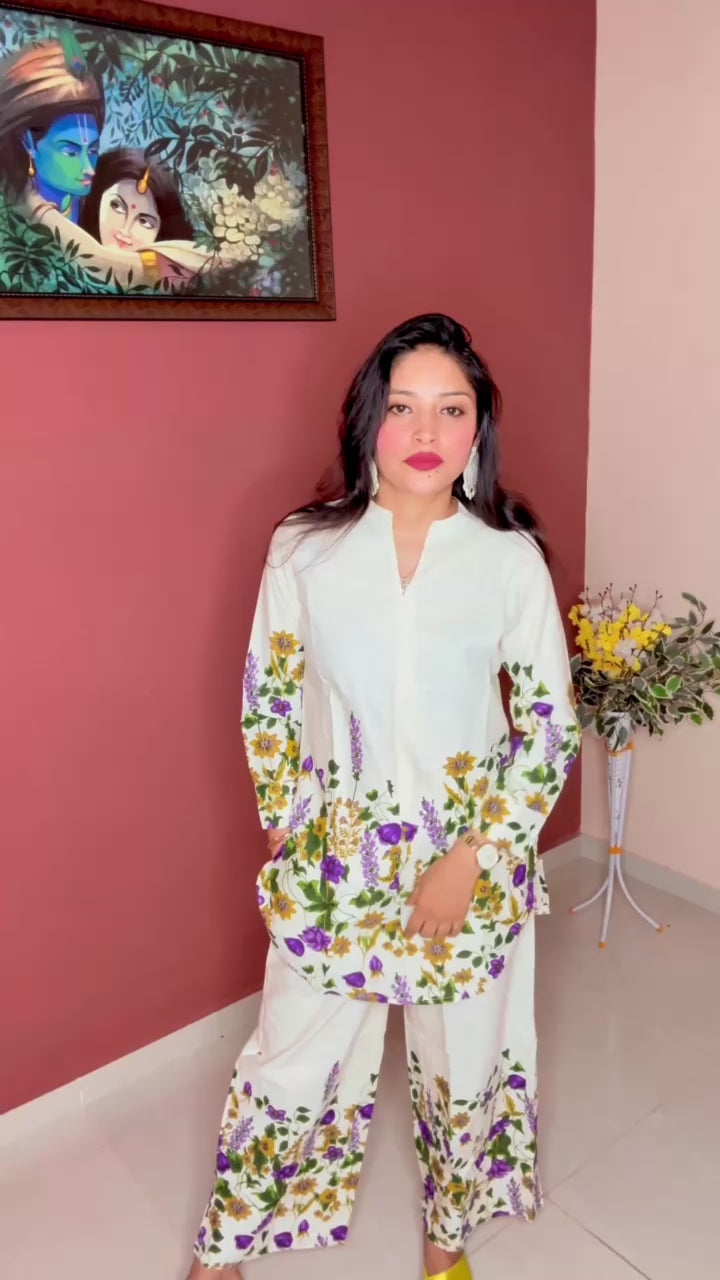 Purple Floral Digital Print Coord Set | Flex Cotton 2-Piece with Side Pocket